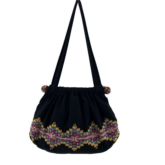 Handmade Black Shoulder Bag Colorful Embroidery & Wooden Accents reversible - Picture 1 of 9